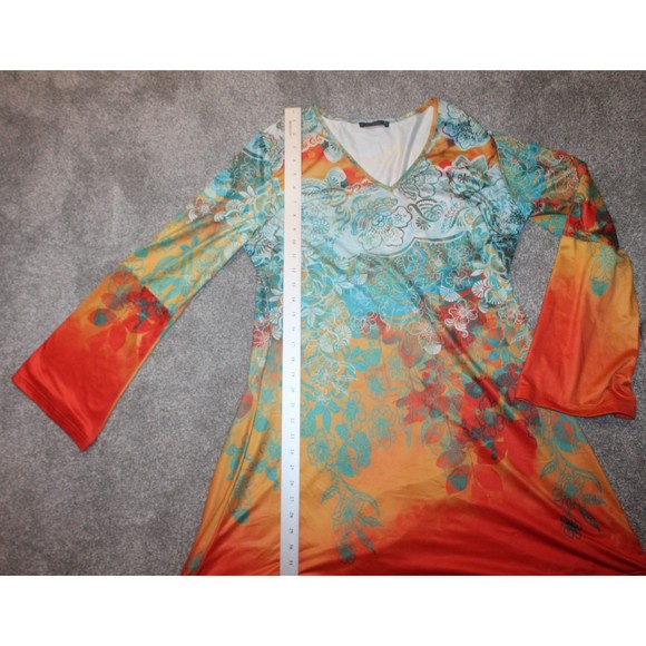 BOHO Chic Flared Sleeve Top Shirt Colorful Orange Flue Floral Design XL Azalea - Picture 7 of 7